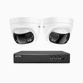 ACDK500 - Kit de 2 cámaras de vigilancia 3K con grabador de 8 canales, doble lente, panorámica 180°, visión nocturna Dual Light, audio bidireccional, protección IP67