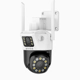 WCD600 - Cámara de Seguridad WiFi Inalámbrica Exterior 6MP UHD de Doble Lente, Luces Estroboscópicas Rojas y Azules con Sirena, Visión Nocturna Inteligente de Luz Dual, Audio Bidireccional, Giro de 300° e Inclinación de 90°, Compatible con Alexa