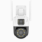 WCD600 - Cámara de Seguridad WiFi Inalámbrica Exterior 6MP UHD de Doble Lente, Luces Estroboscópicas Rojas y Azules con Sirena, Visión Nocturna Inteligente de Luz Dual, Audio Bidireccional, Giro de 300° e Inclinación de 90°, Compatible con Alexa