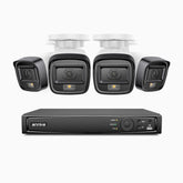 H500 - Kit de 4 cámaras de vigilancia PoE de 3K con videograbador NVR de 4 canales, Visión nocturna inteligente de doble luz, 3072 × 1728 a 20 fps, detección inteligente de personas y vehículos, micrófono integrado, IP67