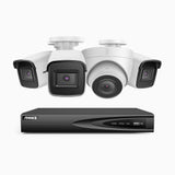 H800 - Kit de vigilancia PoE 4K con 3 cámara bullet y 1 cámara domo y videograbador NVR de 4 canales, Visión nocturna a color e infrarrojos, detección de humanos y vehículos, micrófono integrado, ángulo de visión 96º