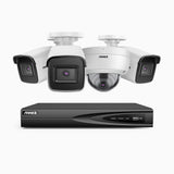 H800 - Kit de vigilancia PoE 4K con 3 cámara bullet y 1 cámara domo (antivándalica IK10) y videograbador NVR de 4 canales, Visión nocturna a color e infrarrojos, detección de humanos y vehículos, micrófono integrado, ángulo de visión 96º