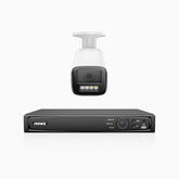 HZ804 - Kit de 2 cámaras de vigilancia PoE de 4K con videograbador NVR de 4 canales, zoom óptico 4X, doble luz visión nocturna, detección de movimiento 2.0, Micrófono incorporado, alarma de sirena y estroboscópica