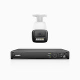 HZ804 - Kit de 2 cámaras de vigilancia PoE de 4K con videograbador NVR de 4 canales, zoom óptico 4X, doble luz visión nocturna, detección de movimiento 2.0, Micrófono incorporado, alarma de sirena y estroboscópica