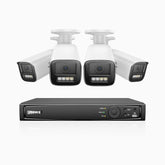 HZ804 - Kit de 4 cámaras de vigilancia PoE de 4K con videograbador NVR de 4 canales, zoom óptico 4X, doble luz visión nocturna, detección de movimiento 2.0, Micrófono incorporado, alarma de sirena y estroboscópica