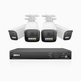 HZ804 - Kit de 4 cámaras de vigilancia PoE de 4K con videograbador NVR de 4 canales, zoom óptico 4X, doble luz visión nocturna, detección de movimiento 2.0, Micrófono incorporado, alarma de sirena y estroboscópica