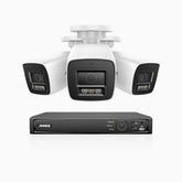 H800 - Kit de 3 cámaras de vigilancia PoE de 4K con videograbador NVR de 4 canales, Visión nocturna a color e infrarrojos, detección de humanos y vehículos, micrófono integrado, ángulo de visión 96º