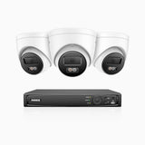 H800 - Kit de 3 cámaras de vigilancia PoE de 4K con videograbador NVR de 4 canales, Visión nocturna a color e infrarrojos, detección de humanos y vehículos, micrófono integrado, ángulo de visión 96º
