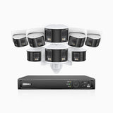 FDH600 - Kit de vigilancia PoE de 4K con 4 cámara bullet y 4 cámaras domo y videograbador NVR de 16 canales, panorámica doble lente, visión nocturna en color, detección de humanos y vehículos, micrófono incorporado