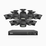 H500P - Kit de 12 cámaras de vigilancia PoE de 3K con videograbador NVR de 16 canales, Resolución 3072*1728, Apertura f / 1.6 (0.005 Lux), Detección de humanos y vehículos, Micrófono incorporado, IP67
