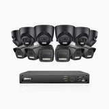 H500P - Kit de vigilancia PoE de 3K con 6 cámara bullet y 6 cámara domo y videograbador NVR de 16 canales, Resolución 3072*1728, Apertura f / 1.6 (0.005 Lux), Detección de humanos y vehículos, Micrófono incorporado, IP67