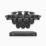 H500P - Kit de vigilancia PoE de 3K con 8 cámara bullet y 8 cámara domo y videograbador NVR de 16 canales, Resolución 3072*1728, Apertura f / 1.6 (0.005 Lux), Detección de humanos y vehículos, Micrófono incorporado, IP67