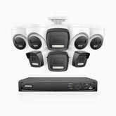 H500P - Kit de vigilancia PoE de 3K con 4 cámara bullet y 4 cámara domo y videograbador NVR de 16 canales, Resolución 3072*1728, Apertura f / 1.6 (0.005 Lux), Detección de humanos y vehículos, Micrófono incorporado, IP67