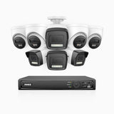 H500P - Kit de vigilancia PoE de 3K con 4 cámara bullet y 4 cámara domo y videograbador NVR de 16 canales, Resolución 3072*1728, Apertura f / 1.6 (0.005 Lux), Detección de humanos y vehículos, Micrófono incorporado, IP67