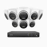 H500 - Kit de 8 cámaras de vigilancia PoE de 3K con videograbador NVR de 16 canales, Visión nocturna inteligente de doble luz, 3072 × 1728 a 20 fps, detección inteligente de personas y vehículos, micrófono integrado, IP67