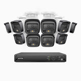 H500 - Kit de 10 cámaras de vigilancia PoE de 3K con videograbador NVR de 16 canales, Visión nocturna inteligente de doble luz, 3072 × 1728 a 20 fps, detección inteligente de personas y vehículos, micrófono integrado, IP67