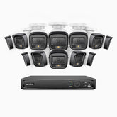 H500 - Kit de 12 cámaras de vigilancia PoE de 3K con videograbador NVR de 16 canales, Visión nocturna inteligente de doble luz, 3072 × 1728 a 20 fps, detección inteligente de personas y vehículos, micrófono integrado, IP67