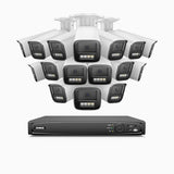 HZ804 - Kit de 16 cámaras de vigilancia PoE de 4K con videograbador NVR de 16 canales, zoom óptico 4X, doble luz visión nocturna, detección de movimiento 2.0, Micrófono incorporado, alarma de sirena y estroboscópica
