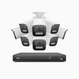 HZ804 - Kit de 8 cámaras de vigilancia PoE de 4K con videograbador NVR de 16 canales, zoom óptico 4X, doble luz visión nocturna, detección de movimiento 2.0, Micrófono incorporado, alarma de sirena y estroboscópica