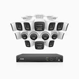H800 - Kit de vigilancia PoE 4K con 12 cámaras bullet y 4 cámaras domo (antivándalica IK10) y videograbador NVR de 16 canales, Visión nocturna a color e infrarrojos, detección de humanos y vehículos, micrófono integrado, ángulo de visión 96º