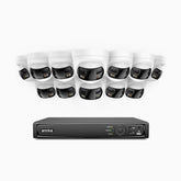 FDH800 - Kit de 12 cámaras de vigilancia PoE de 4K con videograbador NVR de 16 canales, panorámica doble lente, visión nocturna inteligente con doble luz, audio bidireccional, sirena y alarma activas, detección de personas y vehículos, IP67