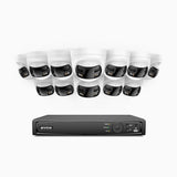 FDH800 - Kit de 12 cámaras de vigilancia PoE de 4K con videograbador NVR de 16 canales, panorámica doble lente, visión nocturna inteligente con doble luz, audio bidireccional, sirena y alarma activas, detección de personas y vehículos, IP67