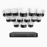 FDH800 - Kit de 16 cámaras de vigilancia PoE de 4K con videograbador NVR de 16 canales, panorámica doble lente, visión nocturna inteligente con doble luz, audio bidireccional, sirena y alarma activas, detección de personas y vehículos, IP67
