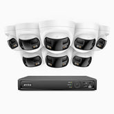 FDH800 - Kit de 8 cámaras de vigilancia PoE de 4K con videograbador NVR de 16 canales, panorámica doble lente, visión nocturna inteligente con doble luz, audio bidireccional, sirena y alarma activas, detección de personas y vehículos, IP67