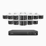 FDH800 - Kit de 12 cámaras de vigilancia PoE de 4K con videograbador NVR de 16 canales, panorámica doble lente, visión nocturna inteligente con doble luz, audio bidireccional, sirena y alarma activas, detección de personas y vehículos, IP67