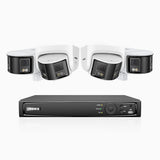 FDH600 - Kit de vigilancia PoE de 4K con 2 cámara bullet y 2 cámaras domo y videograbador NVR de 8 canales, panorámica doble lente, visión nocturna en color, detección de humanos y vehículos, micrófono incorporado