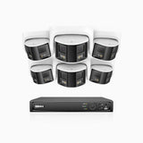FDH600 - Kit de 6 cámaras de vigilancia PoE de 6MP con videograbador NVR de 8 canales, panorámica doble lente, súper apertura de f/1,2, visión nocturna en color, detección de humanos y vehículos, micrófono incorporado