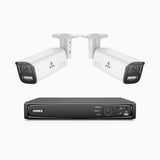 HZ804 - Kit de 2 cámaras de vigilancia PoE de 4K con videograbador NVR de 8 canales, zoom óptico 4X, doble luz visión nocturna, detección de movimiento 2.0, Micrófono incorporado, alarma de sirena y estroboscópica