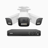 HZ804 - Kit de 3 cámaras de vigilancia PoE de 4K con videograbador NVR de 8 canales, zoom óptico 4X, doble luz visión nocturna, detección de movimiento 2.0, Micrófono incorporado, alarma de sirena y estroboscópica