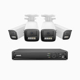 HZ804 - Kit de 4 cámaras de vigilancia PoE de 4K con videograbador NVR de 8 canales, zoom óptico 4X, doble luz visión nocturna, detección de movimiento 2.0, Micrófono incorporado, alarma de sirena y estroboscópica