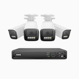 HZ804 - Kit de 4 cámaras de vigilancia PoE de 4K con videograbador NVR de 8 canales, zoom óptico 4X, doble luz visión nocturna, detección de movimiento 2.0, Micrófono incorporado, alarma de sirena y estroboscópica