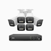 HZ804 - Kit de 6 cámaras de vigilancia PoE de 4K con videograbador NVR de 8 canales, zoom óptico 4X, doble luz visión nocturna, detección de movimiento 2.0, Micrófono incorporado, alarma de sirena y estroboscópica