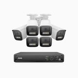 HZ804 - Kit de 6 cámaras de vigilancia PoE de 4K con videograbador NVR de 8 canales, zoom óptico 4X, doble luz visión nocturna, detección de movimiento 2.0, Micrófono incorporado, alarma de sirena y estroboscópica