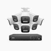HZ804 - Kit de 8 cámaras de vigilancia PoE de 4K con videograbador NVR de 8 canales, zoom óptico 4X, doble luz visión nocturna, detección de movimiento 2.0, Micrófono incorporado, alarma de sirena y estroboscópica
