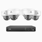 HZ804 - Kit de 4 cámaras de vigilancia PoE de 4K con videograbador NVR de 8 canales, zoom óptico 4X, doble luz visión nocturna, detección de movimiento 2.0, Micrófono incorporado, alarma de sirena y estroboscópica