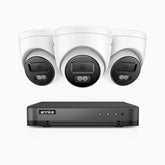H800 - Kit de 3 cámaras de vigilancia PoE de 4K con videograbador NVR de 8 canales, Visión nocturna a color e infrarrojos, detección de humanos y vehículos, micrófono integrado, ángulo de visión 96º