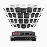 H800 - Kit de vigilancia PoE 4K con 26 cámaras bullet y 6 cámaras domo y videograbador NVR de 32 canales, Visión nocturna a color e infrarrojos, detección de humanos y vehículos, micrófono integrado, ángulo de visión 96º