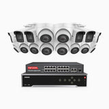 H800 - Kit de vigilancia PoE 4K con 6 cámaras bullet y 10 cámaras domo y videograbador NVR de 32 canales, Visión nocturna a color e infrarrojos, detección de humanos y vehículos, micrófono integrado, ángulo de visión 96º