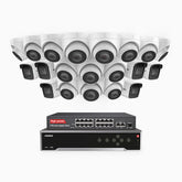 H800 - Kit de vigilancia PoE 4K con 6 cámaras bullet y 14 cámaras domo y videograbador NVR de 32 canales, Visión nocturna a color e infrarrojos, detección de humanos y vehículos, micrófono integrado, ángulo de visión 96º