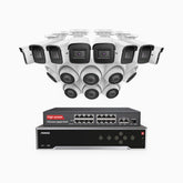 H800 - Kit de vigilancia PoE 4K con 8 cámaras bullet y 8 cámaras domo y videograbador NVR de 32 canales, Visión nocturna a color e infrarrojos, detección de humanos y vehículos, micrófono integrado, ángulo de visión 96º