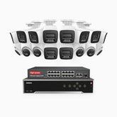 H800 - Kit de vigilancia PoE 4K con 10 cámaras bullet y 6 cámaras domo y videograbador NVR de 32 canales, Visión nocturna a color e infrarrojos, detección de humanos y vehículos, micrófono integrado, ángulo de visión 96º