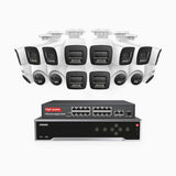H800 - Kit de vigilancia PoE 4K con 10 cámaras bullet y 6 cámaras domo y videograbador NVR de 32 canales, Visión nocturna a color e infrarrojos, detección de humanos y vehículos, micrófono integrado, ángulo de visión 96º