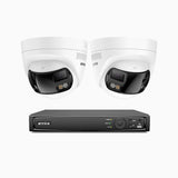 FDH800 - Kit de 2 cámaras de vigilancia PoE de 4K con videograbador NVR de 8 canales, panorámica doble lente, visión nocturna inteligente con doble luz, audio bidireccional, sirena y alarma activas, detección de personas y vehículos, IP67