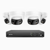 FDH600 - Kit de 4 cámaras de vigilancia PoE de 6MP con videograbador NVR de 8 canales, panorámica doble lente, Visión Nocturna con Doble Luz, Audio Bidireccional, Sirena y Alarma Activas, Detección de Personas y Vehículos, IP67