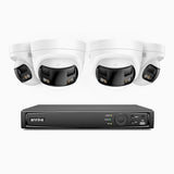 FDH800 - Kit de 4 cámaras de vigilancia PoE de 4K con videograbador NVR de 8 canales, panorámica doble lente, visión nocturna inteligente con doble luz, audio bidireccional, sirena y alarma activas, detección de personas y vehículos, IP67