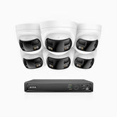 FDH800 - Kit de 6 cámaras de vigilancia PoE de 4K con videograbador NVR de 8 canales, panorámica doble lente, visión nocturna inteligente con doble luz, audio bidireccional, sirena y alarma activas, detección de personas y vehículos, IP67